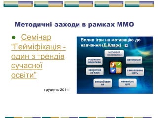 ● Семінар
“Гейміфікація -
один з трендів
сучасної
освіти”
грудень 2014
Методичні заходи в рамках ММО
 