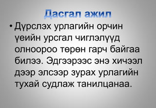 • Дүрслэх урлагийн орчин
үеийн урсгал чиглэлүүд
олноороо төрөн гарч байгаа
билээ. Эдгээрээс энэ хичээл
дээр элсээр зурах урлагийн
тухай судлаж танилцанаа.
 