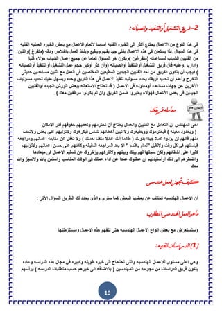 11
2-:‫نو‬‫ا‬‫ٌصي‬‫ا‬ً‫ٌرنفيز‬‫ا‬ً‫أ‬ً‫ٌرشغي‬‫ا‬‫يك‬‫ش‬‫ف‬
‫الفنٌه‬ ‫العملٌه‬ ‫الخبره‬ ‫بعض‬ ‫مع‬ ‫االعمال‬ ‫التمام‬ ‫أساسا‬ ‫الفنٌه‬ ‫الخبره‬ ‫الى‬ ‫أكثر‬ ‫ٌحتاج‬ ‫االعمال‬ ‫من‬ ‫التوع‬ ‫هذا‬ ‫فى‬
‫وٌنفذ‬ ‫وٌطٌع‬ ‫ٌفهم‬ ‫جٌد‬ ‫بفنى‬ ‫االعمال‬ ‫هذه‬ ‫فى‬ ‫ٌستعان‬ ‫.لذا‬ ‫المجال‬ ‫هذا‬ ‫فى‬‫)واثنٌن‬ ‫(متفرغ‬ ‫ودقه‬ ‫باخالص‬ ‫العمل‬
‫فنٌا‬ ‫هإالء‬ ‫الشباب‬ ‫أعمال‬ ‫جمٌع‬ ‫عن‬ ‫تماما‬ ‫المسإل‬ ‫هو‬ ‫)وٌكون‬ ‫(متفرغٌن‬ ‫لمساعدته‬ ‫الشباب‬ ‫الفنٌٌن‬ ‫من‬
‫أوالصٌانه‬ ‫أوالتنفٌذ‬ ‫التشغٌل‬ ‫عمل‬ ‫حجم‬ ‫أوكبر‬ ‫كثر‬ ‫(وأن‬ ‫أوالصٌانه‬ ‫أوالتنفٌذ‬ ‫التشغٌل‬ ‫فرٌق‬ ‫فان‬ ‫.وعلٌه‬ ‫وادارٌا‬
‫أحد‬ ‫من‬ ‫الفرٌق‬ ‫ٌتكون‬ ‫أن‬ ‫فٌجب‬ )‫حدٌثى‬ ‫مساعدٌن‬ ‫اثنٌن‬ ‫مع‬ ‫العمل‬ ‫فى‬ ‫المخلصٌن‬ ‫المطٌعٌن‬ ‫الجٌدٌن‬ ‫الفنٌٌن‬
‫مسإلٌات‬ ‫تحدٌد‬ ‫علٌك‬ ‫وٌسهل‬ ‫وحده‬ ‫الفرٌق‬ ‫هذا‬ ‫فى‬ ‫االعمال‬ ‫تنفٌذ‬ ‫مسإلٌه‬ ‫ٌحدد‬ ‫فرٌقك‬ ‫تحدٌد‬ ‫أن‬ ‫وأعلم‬ ‫التخرج‬
‫أوالفنٌٌن‬ ‫الجٌده‬ ‫الورش‬ ‫ببعض‬ ‫االستعانه‬ ‫تحتاج‬ ‫قد‬ ( ‫االعمال‬ ‫فى‬ ‫أومعاونه‬ ‫مساعده‬ ‫جهات‬ ‫عن‬ ‫اآلخرٌن‬
) ‫معك‬ ‫موظفٌن‬ ‫ٌكونوا‬ ‫لم‬ ‫وان‬ ‫الفرٌق‬ ‫ضمن‬ ‫ٌعتبروا‬ ‫فهإالء‬ ‫األعمال‬ ‫بعض‬ ‫فى‬ ‫الجٌدٌن‬.
‫يمه‬‫ش‬‫ف‬‫معامٍو‬
‫االمكان‬ ‫قدر‬ ‫حقوقهم‬ ‫وتعطٌهم‬ ‫تحترمهم‬ ‫أن‬ ‫ٌحتاج‬ ‫والعمال‬ ‫الفنٌٌن‬ ‫مع‬ ‫التعامل‬ ‫ان‬ ‫المهندس‬ ‫أخى‬
‫ع‬ ‫والتإلبهم‬ ‫فٌكرهوك‬ ‫للناس‬ ‫أخطائهم‬ ‫تبٌن‬ ‫وال‬ ‫ووٌطٌعوك‬ ‫فٌحترموك‬ ) ‫معٌنه‬ ‫وبحدود‬ (‫والتخف‬ ‫بعض‬ ‫لى‬
‫ومراجعه‬ ‫اعمالهم‬ ‫متابعه‬ ‫عن‬ ‫تغفل‬ ‫وال‬ ) ‫لعملك‬ ‫متقنا‬ ‫عادال‬ ‫أنك‬ ‫طالما‬ ( ‫بدونك‬ ‫جٌدا‬ ‫عمال‬ ‫ٌإدوا‬ ‫لن‬ ‫فانهم‬ ‫منهم‬
‫والتإنبهم‬ ‫أعمالهم‬ ‫حسن‬ ‫على‬ ‫وكافئهم‬ ‫الدقٌقه‬ ‫المراجعه‬ ‫بعد‬ ‫اال‬ " ‫ٌافندم‬ ‫"تمام‬ ‫والتقبل‬ ‫وقت‬ ‫كل‬ ‫فى‬ ‫قٌاستهم‬
‫و‬ ‫بٌنك‬ ‫لهم‬ ‫سجلها‬ ‫ولكن‬ ‫أخطائهم‬ ‫على‬ ‫كثٌرا‬‫مٌعادها‬ ‫فى‬ ‫االعمال‬ ‫تسلٌم‬ ‫عن‬ ‫ٌإخروك‬ ‫والتتركهم‬ ‫بٌنهم‬
‫وهللا‬ ‫والتعجز‬ ‫باهلل‬ ‫واستعن‬ ‫المناسب‬ ‫الوقت‬ ‫فى‬ ‫عملك‬ ‫آداء‬ ‫عن‬ ‫عمدا‬ ‫عطلوك‬ ‫أن‬ ‫أوأستبدلهم‬ ‫ذلك‬ ‫الى‬ ‫واضطرهم‬
‫معك‬
َ‫ىنذس‬ً‫ٌعم‬‫جتيز‬‫ويف‬
‫اآل‬ ‫السإال‬ ‫الطرٌق‬ ‫لك‬ ‫ٌحدد‬ ‫والذى‬ ‫سترى‬ ‫كما‬ ‫البعض‬ ‫بعضها‬ ‫عن‬ ‫تختلف‬ ‫الهندسٌه‬ ‫االعمال‬ ‫ان‬: ‫تى‬
‫املطٌٍب‬َ‫اهلنذس‬ً‫ٌعم‬‫ا‬ٌ‫ماى‬
‫ومستلزملتها‬ ‫االعمال‬ ‫هذه‬ ‫نتفهم‬ ‫حتى‬ ‫الهندسٌه‬ ‫االعمال‬ ‫انواع‬ ‫بعض‬ ‫مع‬ ‫وسنستعرض‬
(1:‫ٌفنيو‬‫ا‬‫ٌذساساخ‬‫ا‬)
‫وعاده‬ ‫الدراسه‬ ‫هذه‬ ‫مجال‬ ً‫ف‬ ‫وكبٌره‬ ‫طوٌله‬ ‫خبره‬ ‫الى‬ ‫تحتحاج‬ ‫والتى‬ ‫الهندسٌه‬ ‫لالعمال‬ ‫مستوى‬ ‫اعلى‬ ً‫وه‬
‫المه‬ ‫من‬ ‫مجوعه‬ ‫من‬ ‫الدراسات‬ ‫فرٌق‬ ‫ٌتكون‬‫ٌرأسهم‬ ) ‫الدراسه‬ ‫متطلبات‬ ‫حسب‬ ‫خٌرهم‬ ‫الى‬ ‫باالضافه‬ ( ‫ندسٌن‬
 