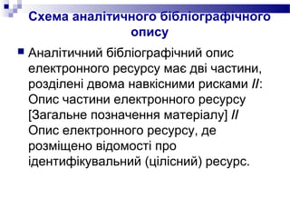 Схема аналітичного бібліографічного
опису
 Аналітичний бібліографічний опис
електронного ресурсу має дві частини,
розділені двома навкісними рисками //:
Опис частини електронного ресурсу
[Загальне позначення матеріалу] //
Опис електронного ресурсу, де
розміщено відомості про
ідентифікувальний (цілісний) ресурс.
 