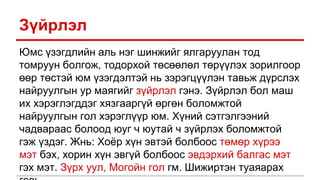 Зүйрлэл
Юмс үзэгдлийн аль нэг шинжийг ялгаруулан тод
томруун болгож, тодорхой төсөөлөл төрүүлэх зорилгоор
өөр төстэй юм үзэгдэлтэй нь зэрэгцүүлэн тавьж дүрслэх
найруулгын ур маягийг зүйрлэл гэнэ. Зүйрлэл бол маш
их хэрэглэгддэг хязгааргүй өргөн боломжтой
найруулгын гол хэрэглүүр юм. Хүний сэтгэлгээний
чадвараас болоод юуг ч юутай ч зүйрлэх боломжтой
гэж үздэг. Жнь: Хоёр хүн эвтэй болбоос төмөр хүрээ
мэт бэх, хорин хүн эвгүй болбоос эвдэрхий балгас мэт
гэх мэт. Зүрх уул, Могойн гол гм. Шижиртэн туаяарах
 