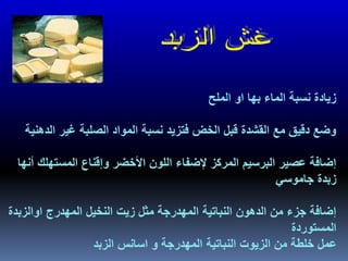 ‫الملح‬ ‫او‬ ‫بها‬ ‫الماء‬ ‫نسبة‬ ‫زيادة‬
‫ال‬ ‫غير‬ ‫الصلبة‬ ‫المواد‬ ‫نسبة‬ ‫فتزيد‬ ‫الخض‬ ‫قبل‬ ‫القشدة‬ ‫مع‬ ‫دقيق‬ ‫وضع‬‫دهنية‬
‫المستهل‬ ‫وإقناع‬ ‫األخضر‬ ‫اللون‬ ‫إلضفاء‬ ‫المركز‬ ‫البرسيم‬ ‫عصير‬ ‫إضافة‬‫أنها‬ ‫ك‬
‫جاموسي‬ ‫زبدة‬
‫اوالزب‬ ‫المهدرج‬ ‫النخيل‬ ‫زيت‬ ‫مثل‬ ‫المهدرجة‬ ‫النباتية‬ ‫الدهون‬ ‫من‬ ‫جزء‬ ‫إضافة‬‫دة‬
‫المستوردة‬
‫المهدرجة‬ ‫النباتية‬ ‫الزيوت‬ ‫من‬ ‫خلطة‬ ‫عمل‬‫و‬‫الزبد‬ ‫اسانس‬
 