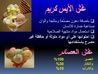 ‫العصير‬100%
‫والنكتار‬30%
‫والشراب‬10%
‫باضافة‬‫وألوان‬ ‫ومثلجة‬ ‫عة‬ّ‫ن‬‫مص‬ ‫دهون‬
‫صناعية‬‫لالنسان‬ ‫ضارة‬
‫استعمال‬‫الصالحية‬ ‫منتهية‬ ‫مواد‬
‫احتوائها‬‫غير‬ ‫حافظة‬ ‫أو‬ ‫ملوثة‬ ‫مواد‬ ‫أي‬ ‫على‬
‫باستخدامها‬ ‫مصرح‬
 