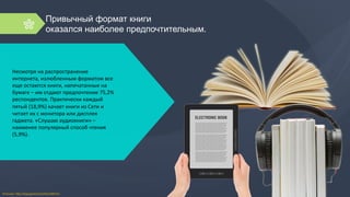 Привычный формат книги
оказался наиболее предпочтительным.
Несмотря	
  на	
  распространение	
  
интернета,	
  излюбленным	
  форматом	
  все	
  
еще	
  остаются	
  книги,	
  напечатанные	
  на	
  
бумаге	
  –	
  им	
  отдают	
  предпочтение	
  75,2%	
  
респондентов.	
  Практически	
  каждый	
  
пятый	
  (18,9%)	
  качает	
  книги	
  из	
  Сети	
  и	
  
читает	
  их	
  с	
  монитора	
  или	
  дисплея	
  
гаджета.	
  «Слушаю	
  аудиокниги»	
  –	
  
наименее	
  популярный	
  способ	
  чтения	
  
(5,9%).	
  
Источник:	
  h=p://wap.gazeta.kz/arzcle/366221/	
  
 