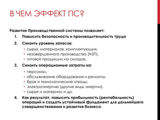 В ЧЕМ ЭФФЕКТ ПС?
Развитие Производственной системы позволяет:
1. Повысить безопасность и производительность труда
2. Снизить уровень запасов:
• сырья, материалов, комплектующих,
• незавершенного производства (НЗП),
• готовой продукции на складах.
3. Снизить операционные затраты на:
• персонал,
• обслуживание оборудования и ремонты,
• брак и технологические отходы,
• электроэнергию (другие виды энергии),
• сырье и материал и др.
4. Как результат, повысить прибыльность (рентабельность)
операций и создать устойчивый фундамент для дальнейшего
совершенствования и развития бизнеса.
 
