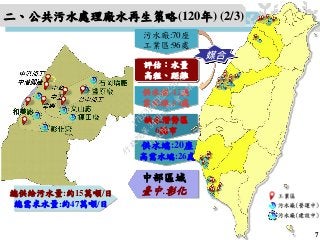 供水端:20座
高需水端:26處
缺水潛勢區
6縣市
污水廠:70座
工業區:96處
供水端:42座
需水端:54處
評估：水量
高程、距離
媒合
總供給污水量:約15萬噸/日
總需求水量:約47萬噸/日
二、公共污水處理廠水再生策略(120年) (2/3)
7
中部區域
臺中.彰化
行
政
院
行
政
院
第
3450次
院
會
會
議
17E63B4FB2525652
 
