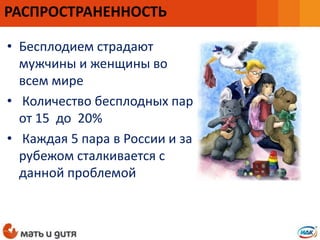 • Бесплодием страдают
мужчины и женщины во
всем мире
• Количество бесплодных пар
от 15 до 20%
• Каждая 5 пара в России и за
рубежом сталкивается с
данной проблемой
РАСПРОСТРАНЕННОСТЬ
 