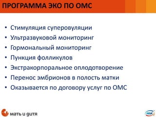 • Стимуляция суперовуляции
• Ультразвуковой мониторинг
• Гормональный мониторинг
• Пункция фолликулов
• Экстракорпоральное оплодотворение
• Перенос эмбрионов в полость матки
• Оказывается по договору услуг по ОМС
ПРОГРАММА ЭКО ПО ОМС
 