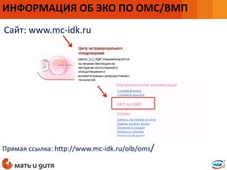 Прямая ссылка: http://www.mc-idk.ru/olb/oms/
ИНФОРМАЦИЯ ОБ ЭКО ПО ОМС/ВМП
Сайт: www.mc-idk.ru
 