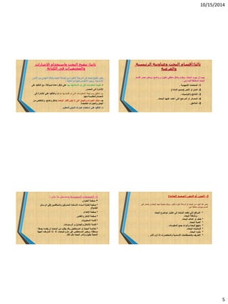 10/15/2014
5
‫ثانيا‬:‫و‬ ‫البحث‬ ‫تنقيح‬‫ا‬‫اإلشارات‬ ‫ستخدام‬
‫الكتابة‬ ‫فى‬ ‫والمختصرات‬
‫يعتبر‬‫ا‬ ‫المرحلة‬ ‫فى‬ ‫البحث‬ ‫تنقيح‬‫أل‬‫األمور‬ ‫من‬ ‫النهائى‬ ‫بشكله‬ ‫البحث‬ ‫طباعة‬ ‫من‬ ‫خيرة‬
‫األساسية‬،‫ا‬ ‫ويجب‬‫ال‬‫التالية‬ ‫بالجوانب‬ ‫هتمام‬:
‫أ‬-‫تثبيت‬‫ا‬ ‫تم‬ ‫التى‬ ‫المعلومات‬‫ال‬‫بها‬ ‫ستشهاد‬‫صياغة‬ ‫إعادة‬ ‫شكل‬ ‫على‬،‫على‬ ‫التأكيد‬ ‫مع‬
‫اإلشارة‬‫المصدر‬ ‫إلى‬.
‫ب‬-‫تم‬ ‫التى‬ ‫المعلومات‬ ‫ومراجعة‬ ‫تدقيق‬‫ا‬‫حرفي‬ ‫قتباسها‬‫ا‬‫اإلشارة‬ ‫علي‬ ‫والتأكيد‬‫إلى‬
‫المص‬‫ا‬‫منه‬ ‫درالمقتبسة‬‫ا‬.
‫جـ‬-‫ال‬ ‫التى‬ ‫والجمل‬ ‫العبارات‬ ‫حذف‬‫تبلورأفكار‬‫الباحث‬‫بشكل‬‫وا‬‫ضح‬،‫من‬ ‫والتخلص‬
‫الغامضة‬ ‫والعبارات‬ ‫الجمل‬.
‫د‬-‫علي‬ ‫التأكيد‬‫ا‬‫للمعلوم‬ ‫المبني‬ ‫عبارات‬ ‫ستخدام‬.
‫ثالثا‬:‫الرئيسية‬ ‫وعناوينه‬ ‫البحث‬ ‫أقسام‬
‫والفرعية‬
‫البحث‬ ‫يبوب‬ ‫أن‬ ‫يجب‬،‫و‬ ‫مقبول‬ ‫منطقي‬ ‫بشكل‬ ‫ويقسم‬‫واضح‬،‫أقسام‬ ‫حصر‬ ‫ويمكن‬
‫فيما‬ ‫المختلفة‬ ‫البحث‬‫يلي‬:
1-‫التمهيدية‬ ‫الصفحات‬.
2-‫النص‬ ‫أو‬ ‫المتن‬(‫المادة‬ ‫صميم‬)
3-‫والتوص‬ ‫النتائج‬‫ي‬‫ات‬.
4-‫التى‬ ‫المراجع‬ ‫أو‬ ‫المصادر‬‫ا‬‫الباحث‬ ‫عليها‬ ‫عتمد‬.
5-‫المالحق‬.
1-‫التمهيدية‬ ‫الصفحات‬‫ما‬ ‫وتشمل‬‫يلى‬:
*‫العنوان‬ ‫صفحة‬.
*‫ا‬ ‫أسماء‬ ‫لكتابة‬ ‫صفحة‬‫أل‬‫والمناقشين‬ ‫المشرفين‬ ‫ساتدة‬(‫الرسائل‬ ‫في‬
‫العلمية‬).
*‫اإلهداء‬ ‫صفحة‬.
*‫والتقدير‬ ‫الشكر‬ ‫صفحة‬.
*‫المحتويات‬ ‫قائمة‬.
*‫و‬ ‫والجداول‬ ‫األشكال‬ ‫قائمة‬‫الرسومات‬.
*‫المستخلص‬ ‫أو‬ ‫البحث‬ ‫خالصة‬‫بصفة‬ ‫يقدمه‬ ‫أن‬ ‫الباحث‬ ‫من‬ ‫يطلب‬ ‫وقد‬
‫مستقلة‬،‫للباحث‬ ‫ملزم‬ ‫غير‬ ‫المستخلص‬ ‫ويعتبر‬،‫إذا‬ ‫إال‬‫ا‬‫الجهة‬ ‫شترطت‬
‫ذلك‬ ‫مثل‬ ‫البحث‬ ‫ونشر‬ ‫بقبول‬ ‫المعينة‬.
2-‫النص‬ ‫أو‬ ‫المتن‬(‫المادة‬ ‫صميم‬)
‫الجزء‬ ‫هذا‬ ‫يعتبر‬‫الرسالة‬ ‫أو‬ ‫البحث‬ ‫من‬‫األكبر‬ ‫الجزء‬،‫و‬ ‫الباحث‬ ‫جهد‬ ‫حصيلة‬ ‫ويمثل‬‫يشتمل‬‫علي‬
‫ه‬ ‫مختلفة‬ ‫وجوانب‬ ‫أقسام‬‫ي‬:
*‫الدوافع‬‫إل‬ ‫الباحث‬ ‫دفعت‬ ‫التي‬‫ى‬‫ا‬‫موضوع‬ ‫ختيار‬‫البحث‬
‫البحث‬ ‫ومشكلة‬.
*‫البحث‬ ‫أهداف‬ ‫أو‬ ‫هدف‬.
*‫البحث‬ ‫أهمية‬.
*‫المعلومات‬ ‫جمع‬ ‫وأدوات‬ ‫البحث‬ ‫منهج‬.
*‫فرضيات‬‫البحث‬.
*‫البحث‬ ‫حدود‬.
*‫األمر‬ ‫لزم‬ ‫إذا‬ ‫والمختصرات‬ ‫األساسية‬ ‫بالمصطلحات‬ ‫التعريف‬.
 