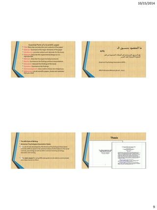 10/15/2014
9
Essential Parts of a Scientific paper
• Title: Describeconcisely the core contents of the paper
• Abstract: Summarize the major elements of the paper
• Introduction: provide context and rationale for the study
• Materials: Describe the experimental design so it is
reproducible
• Methods: Describe the experimental procedures
• Results: Summarize the findings without interpretation
• Discussion: Interpret the findings of the study
• Summary: Summarize the findings
• Acknowledgement:Give credit to those who helpedyou
• References: List all scientific papers, books and websites
that you cited
‫ال‬ ‫بتنسيق‬ ‫المقصود‬ ‫ما‬
APA
‫قبل‬ ‫من‬ ‫المنشورة‬ ‫المجالت‬ ‫في‬ ‫المستخدم‬ ‫التنسيق‬ ‫هو‬
‫النفس‬ ‫لعلم‬ ‫األمريكية‬ ‫الجمعية‬
American PsychologyAssociation(APA) .
APA Publication Manual (5th ed., 2001)
• The APA Style of Writing:
• (American Psychological Association Style):
• Is a set of rules developed byThe American PsychologicalAssociation
commits (APA) to assist in the communication of information in the social
sciences, psychology as well as other sciences including sociology,
education and nursing.
• The main reason for usingAPA style guide is to be able to communicate
your ideas clearly to others.
Thesis
 