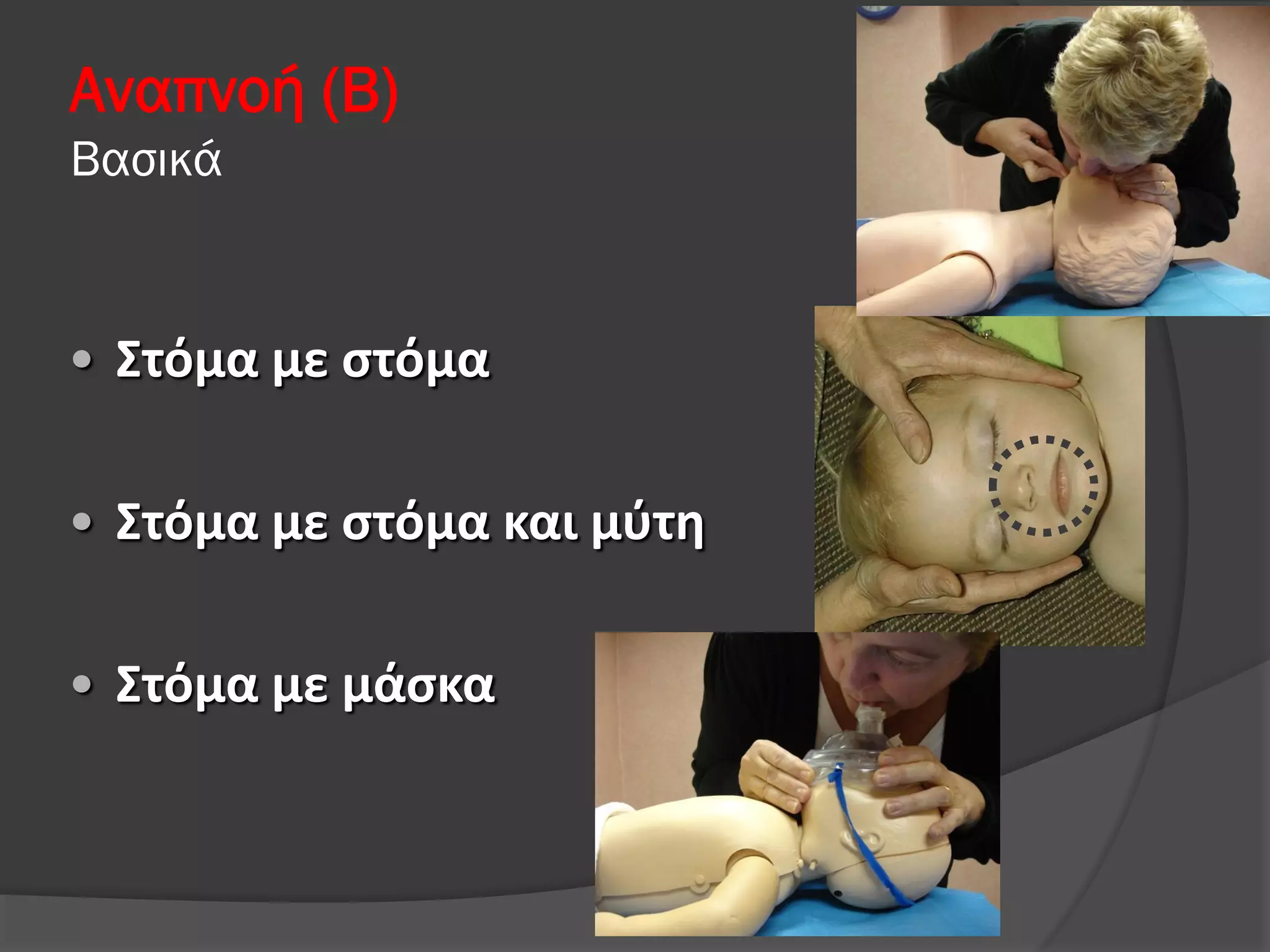 Αναπνοή (Β)
Βασικά
• Στόμα με στόμα
• Στόμα με στόμα και μύτη
• Στόμα με μάσκα
 
