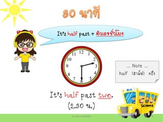 by KRU.PAKKARD 5
It’s half past + ตัวเลขชั่วโมง
… Note …
half (ฮาล์ฟ) ครึ่ง
It’s half past two.
(2.30 น.)
 