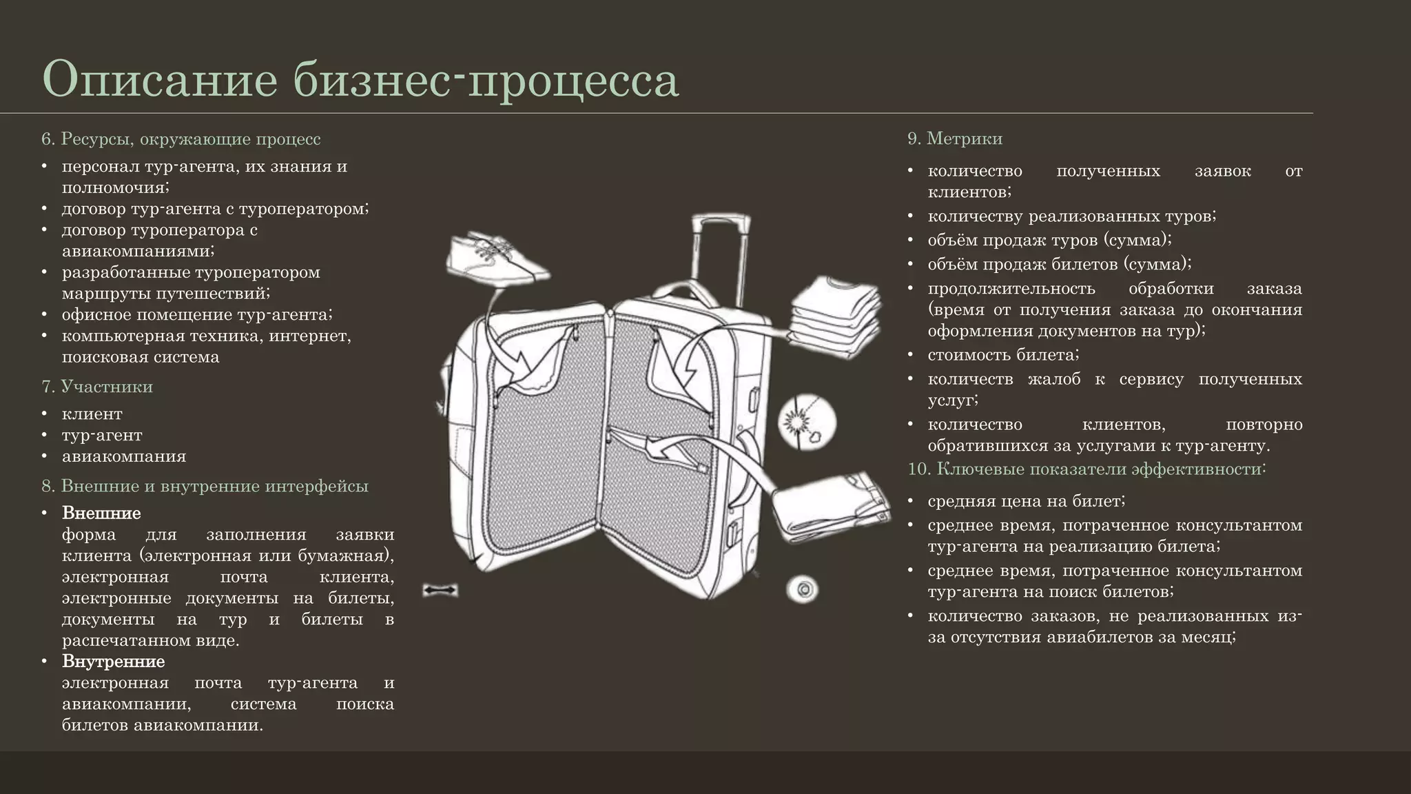 Описание бизнес-процесса
9. Метрики
• количество полученных заявок от
клиентов;
• количеству реализованных туров;
• объём продаж туров (сумма);
• объём продаж билетов (сумма);
• продолжительность обработки заказа
(время от получения заказа до окончания
оформления документов на тур);
• стоимость билета;
• количеств жалоб к сервису полученных
услуг;
• количество клиентов, повторно
обратившихся за услугами к тур-агенту.
10. Ключевые показатели эффективности:
• средняя цена на билет;
• среднее время, потраченное консультантом
тур-агента на реализацию билета;
• среднее время, потраченное консультантом
тур-агента на поиск билетов;
• количество заказов, не реализованных из-
за отсутствия авиабилетов за месяц;
6. Ресурсы, окружающие процесс
• персонал тур-агента, их знания и
полномочия;
• договор тур-агента с туроператором;
• договор туроператора с
авиакомпаниями;
• разработанные туроператором
маршруты путешествий;
• офисное помещение тур-агента;
• компьютерная техника, интернет,
поисковая система
7. Участники
• клиент
• тур-агент
• авиакомпания
8. Внешние и внутренние интерфейсы
• Внешние
форма для заполнения заявки
клиента (электронная или бумажная),
электронная почта клиента,
электронные документы на билеты,
документы на тур и билеты в
распечатанном виде.
• Внутренние
электронная почта тур-агента и
авиакомпании, система поиска
билетов авиакомпании.
 