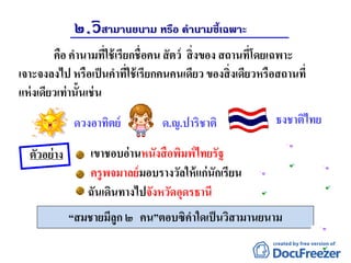 ๒.วิสามานยนาม หรือ คานามชี้เฉพาะ
คือ คานามที่ใช้เรียกชื่อคน สัตว์ สิ่งของ สถานที่โดยเฉพาะ
เจาะจงลงไป หรือเป็นคาที่ใช้เรียกคนคนเดียว ของสิ่งเดียวหรือสถานที่
แห่งเดียวเท่านั้นเช่น
ดวงอาทิตย์ ด.ญ.ปาริชาติ ธงชาติไทย
sKzตัวอย่าง เขาชอบอ่านหนังสือพิมพ์ไทยรัฐ
ครูพจมาลย์มอบรางวัลให้แก่นักเรียน
ฉันเดินทางไปจังหวัดอุดรธานี
“สมชายมีลูก ๒ คน”ตอบซิคาใดเป็นวิสามานยนาม
 