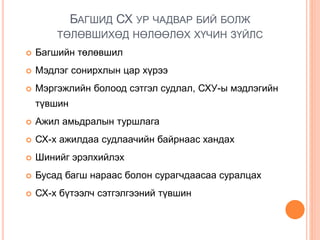 БАГШИД СХ УР ЧАДВАР БИЙ БОЛЖ
ТӨЛӨВШИХӨД НӨЛӨӨЛӨХ ХҮЧИН ЗҮЙЛС
 Багшийн төлөвшил
 Мэдлэг сонирхлын цар хүрээ
 Мэргэжлийн болоод сэтгэл судлал, СХУ-ы мэдлэгийн
түвшин
 Ажил амьдралын туршлага
 СХ-х ажилдаа судлаачийн байрнаас хандах
 Шинийг эрэлхийлэх
 Бусад багш нараас болон сурагчдаасаа суралцах
 СХ-х бүтээлч сэтгэлгээний түвшин
 