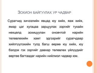 ЗОХИОН БАЙГУУЛАХ УР ЧАДВАР
Сурагчид хичээлийн явцад юу хийх, яаж хийх,
ямар цаг хугацаа зарцуулах зэргийг тухайн
нөхцөлд зохицуулан оновчтой нарийн
төлөвлөхийн хамт эдгээрийг сурагчдаар
хийлгүүлэхийн тулд багш өөрөө юу хийх, юу
бэлдэх гэх зэргийг давхар төлөвлөх үйлүүдийг
өөртөө багтаадаг нарийн нийлмэл чадвар юм.
 