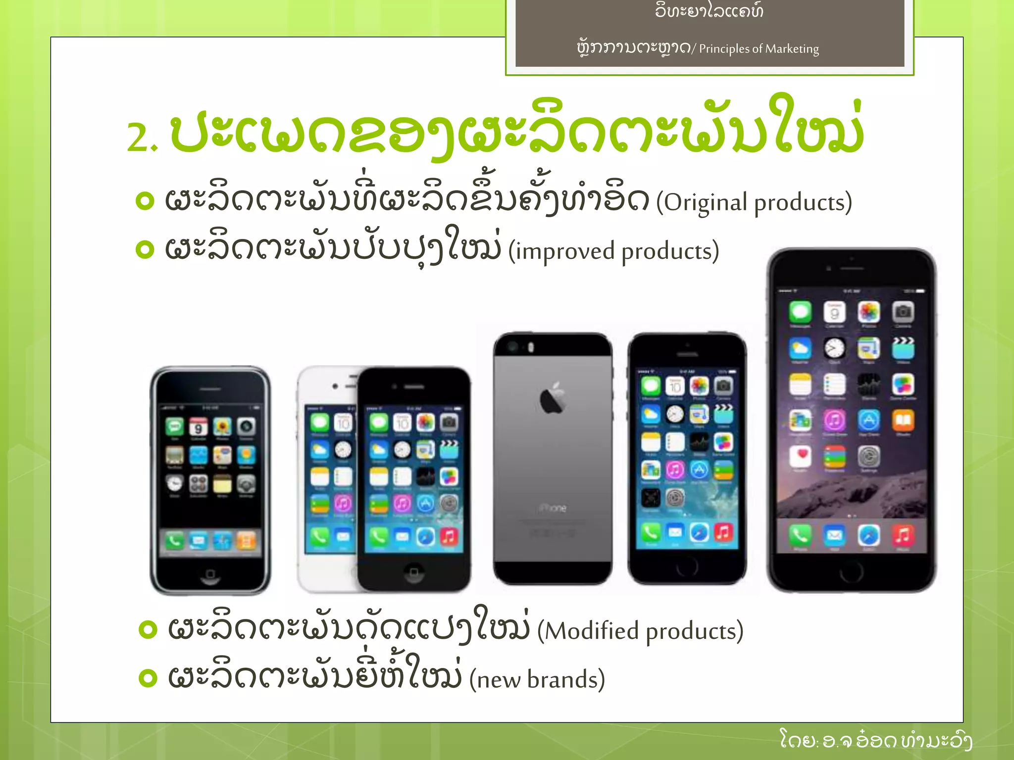 ຫຼັ ກການຕະຫາດ/ Principlesof Marketing
ວິ ທະຍາໄລແຄທ໌
ໂດຍ: ອ.ຈອ໋ ອດທໍ າມະວົ ງ
2. ປະເພດຂອງຜະລິ ດຕະພຼັ ນໃໝ່
 ຜະລິ ດຕະພຼັ ນທີ່ ຜະລິ ດຂຶ ້ ນຄຼັ້ ງທໍ າອິ ດ(Original products)
 ຜະລິ ດຕະພຼັ ນປຼັ ບປຸ ງໃໝ່ (improved products)
 ຜະລິ ດຕະພຼັ ນດຼັ ດແປງໃໝ່ (Modified products)
 ຜະລິ ດຕະພຼັ ນຍີ່ ຫໍ້ ໃໝ່ (newbrands)
 
