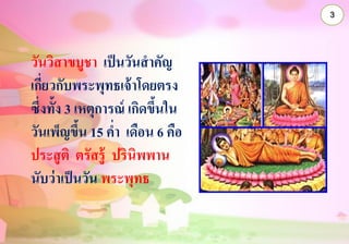 3
วันวิสาขบูชา เป็นวันสาคัญ
เกี่ยวกับพระพุทธเจ้าโดยตรง
ซึ่งทั้ง 3 เหตุการณ์ เกิดขึ้นใน
วันเพ็ญขึ้น 15 ค่า เดือน 6 คือ
ประสูติ ตรัสรู้ ปรินิพพาน
นับว่าเป็นวัน พระพุทธ
 