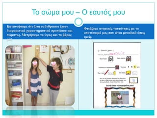 Κατανοήσαμε ότι όλοι οι άνθρωποι έχουν
διαφορετικά χαρακτηριστικά προσώπου και
σώματος. Μετρήσαμε το ύψος και το βάρος
μας
Φτιάξαμε ατομικές ταυτότητες με το
αποτύπωμά μας που είναι μοναδικό όπως
εμείς.
Το σώμα μου – Ο εαυτός μου
 