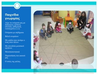 Παιχνίδια
γνωριμίας
Λέμε τα ονόματά μας με
διάφορους τρόπους
(δυνατά, ψιθυριστά,
νυσταγμένα κ.τ.λ)
Ονόματα με πηδήματα
Βόλεϊ ονομάτων
Με μπάλα που πετάμε ο
ένας στον άλλον
Με συνοδεία μουσικού
οργάνου
Μουσικοκινητικά
Παρουσίαση του εαυτού
μας
Ο ιστός της φιλίας
 