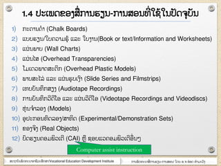 ສະຊາຍັຌພັຈ຋ະຌາຬາຆີວະສຶກສາ/Vocational Education Development Institute ກາຌພັຈ຋ະຌາສໆ ກາຌອຽຌ-ກາຌສຬຌ/ ໂຈງ ຬ.຅ ຬ໋ຬຈ ຋ໍາຠະວົຄ
1) ກະຈາຌຈໍາ (Chalk Boards)
2) ແຍຍອຽຌ/ໃຍ຃ວາຠອ໇ ແລະ ໃຍຄາຌ(Book or text/Information and Worksheets)
3) ແຏໆ ຌພາຍ (Wall Charts)
4) ແຏໆ ຌໄສ (Overhead Transparencies)
5) ໂຠເຈວພາຈສະຉິກ (Overhead Plastic Models)
6) ພາຍສະໄລໆ ແລະ ແຏໆ ຌອຍເຄ ົາ (Slide Series and Filmstrips)
7) ເ຋ຍຍັຌ຋ຶກສຽຄ (Audiotape Recordings)
8) ກາຌຍັຌ຋ຶກວີຈີໂຬ ແລະ ແຏໆ ຌວີຈີໂຬ (Videotape Recordings and Videodiscs)
9) ຫຸໆ ຌ຅ໍາລຬຄ (Models)
10) ຬຸຎະກຬຌ຋ົຈລຬຄ/ສາ຋ິຈ (Experimental/Demonstration Sets)
11) ຂຬຄ຅ິຄ (Real Objects)
12) ຍົຈອຽຌ຃ຬຠພິວເຉີ (CAI) ຫ ຆຬຍແວ຃ຬຠພິວເຉີຬໆ ຌ໅
1.4 ຎະເພຈຂຬຄສໆ ກາຌອຽຌ-ກາຌສຬຌ຋ີໆ ໃຆ໇ໃຌຎັຈ຅ຸຍັຌ
Computer assist instruction
 