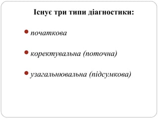 Існує три типи діагностики:
початкова
коректувальна (поточна)
узагальнювальна (підсумкова)
 
