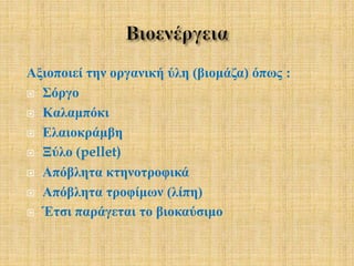 Αξιοποιεί την οργανική ύλη (βιομάζα) όπως :
 Σόργο
 Καλαμπόκι
 Ελαιοκράμβη
 Ξύλο (pellet)
 Απόβλητα κτηνοτροφικά
 Απόβλητα τροφίμων (λίπη)
 Έτσι παράγεται το βιοκαύσιμο
 
