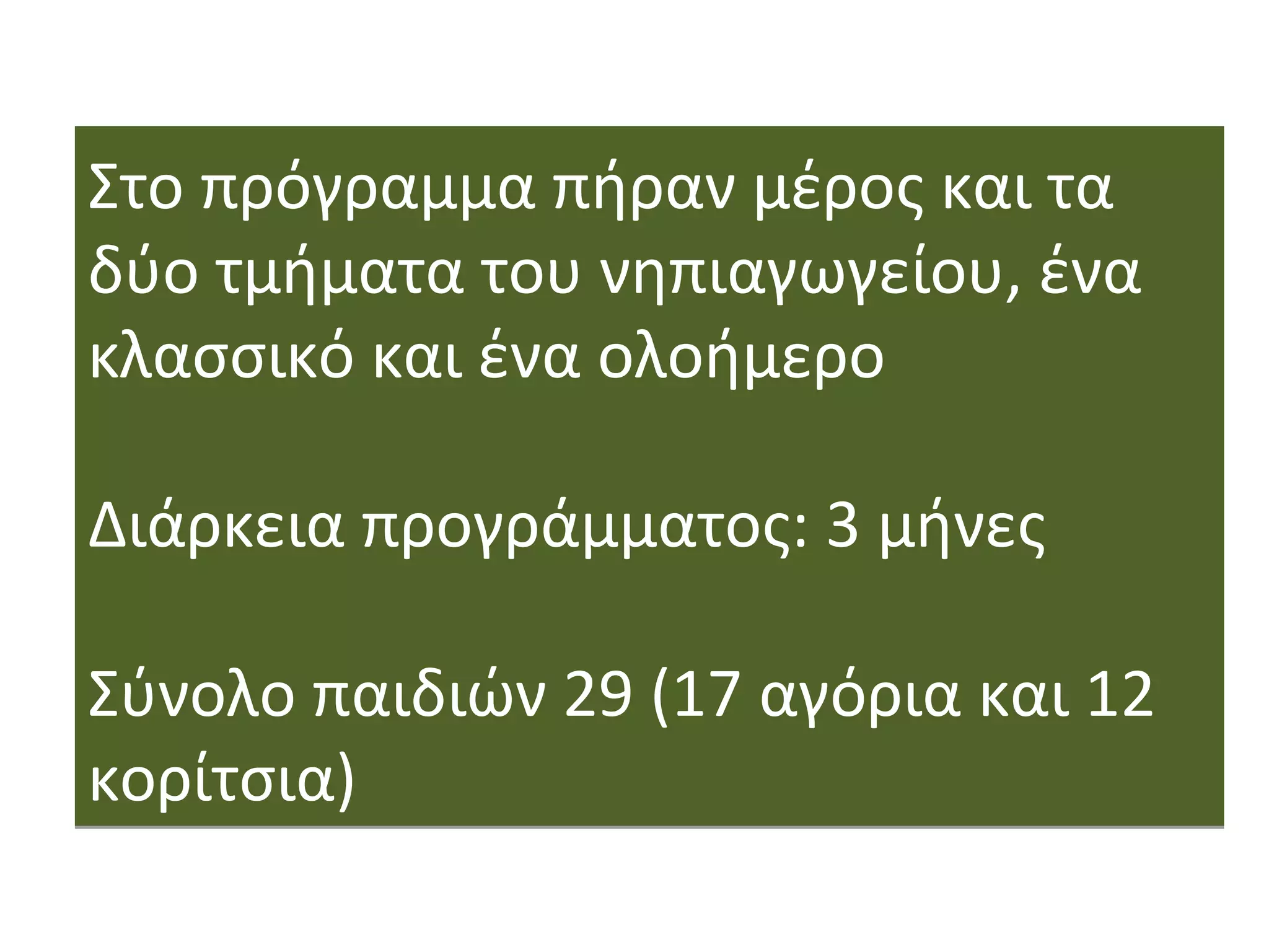 Στο πρόγραμμα πήραν μέρος και τα
δύο τμήματα του νηπιαγωγείου, ένα
κλασσικό και ένα ολοήμερο
Διάρκεια προγράμματος: 3 μήνες
Σύνολο παιδιών 29 (17 αγόρια και 12
κορίτσια)
Στο πρόγραμμα πήραν μέρος και τα
δύο τμήματα του νηπιαγωγείου, ένα
κλασσικό και ένα ολοήμερο
Διάρκεια προγράμματος: 3 μήνες
Σύνολο παιδιών 29 (17 αγόρια και 12
κορίτσια)
 