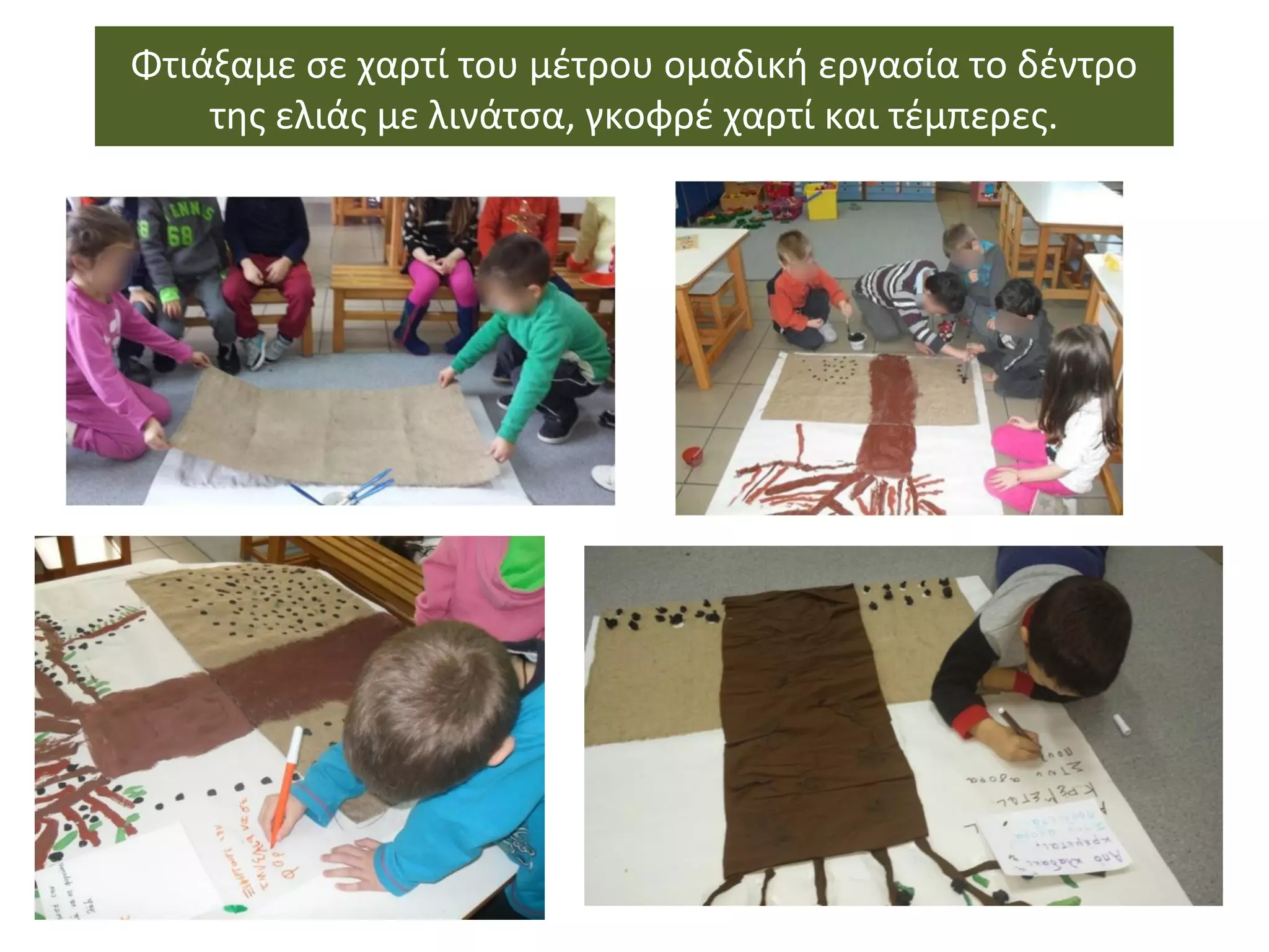 Φτιάξαμε σε χαρτί του μέτρου ομαδική εργασία το δέντρο
της ελιάς με λινάτσα, γκοφρέ χαρτί και τέμπερες.
 