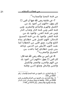 ‫من‬‫عجائب‬‫الدعاء‬21
‫من‬‫فتنة‬‫المحيا‬‫والممات‬«
)1(
.
7‫عن‬ -‫عائشة‬‫رضي‬‫ا‬‫عنها‬‫أن‬‫النبي‬
‫كان‬» :‫يقول‬‫اللهم‬‫إني‬‫أعوذ‬‫بك‬‫من‬
‫الكسل‬‫والهر م‬‫والمأثم‬،‫والمغر م‬‫ومن‬
‫فتنة‬‫القبر‬‫ومن‬‫فتنة‬‫النار‬‫وعذاب‬‫النار‬
‫ومن‬‫شر‬‫فتنة‬،‫الغنى‬‫وأعوذ‬‫بك‬‫من‬
‫فتنة‬،‫الفقر‬‫وأعوذ‬‫بك‬‫من‬‫فتنة‬‫المسيح‬
.‫اللهم‬ ‫الدجال‬‫اغسل‬‫عني‬‫يخطاياي‬‫بماء‬
‫الثلج‬،‫والبرد‬‫ونق‬‫قلبي‬‫من‬‫الخطايا‬‫كما‬
‫نقيت‬‫الثوب‬‫البيض‬‫من‬،‫الدنس‬‫وباعد‬
‫بيني‬‫وبين‬‫يخطاياي‬‫كما‬‫باعدت‬‫بين‬
‫المشرق‬‫والمغرب‬«
)2(
.
8‫عن‬ -‫أنس‬‫بن‬‫مالك‬‫رضي‬‫ا‬‫عنه‬:‫قال‬
‫كان‬‫النبي‬» :‫يقول‬‫اللهم‬‫إني‬‫أعوذ‬‫بك‬
‫من‬‫الهم‬‫والحزن‬‫والعجز‬‫والكسل‬
‫والجبن‬‫والبخل‬‫وضلع‬‫الدين‬‫وغلبة‬
1
()‫رواه‬،‫البخاري‬‫باب‬‫التعوذ‬‫من‬‫فتنة‬‫المحيا‬‫رقم‬ :‫والممات‬
6367‫ص‬535.
2
()‫رواه‬‫ـاري‬‫ـ‬‫البخ‬‫ـاب‬‫ـ‬‫ب‬‫ـوذ‬‫ـ‬‫التع‬‫ـن‬‫ـ‬‫م‬‫ـأثم‬‫ـ‬‫الم‬‫ـر م‬‫ـ‬‫والمغ‬‫ـم‬‫ـ‬‫رق‬
6368‫ص‬535،‫واللفظ‬‫له‬‫ورواه‬‫مسلم‬‫في‬‫ـاب‬‫ـ‬‫كت‬‫ـذكر‬‫ـ‬‫ال‬
‫والدعاء‬‫والتوبة‬‫رقم‬ :‫والستغفار‬6375‫ص‬1148.
 