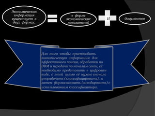 в форме
экономических
показателей
документов
Экономическая
информация
существует в
двух формах:
И
Для того чтобы приспособить
экономическую информацию для
эффективного поиска, обработки на
ЭВМ и передачи по каналам связи, её
необходимо представить в цифровом
виде, с этой целью её нужно сначала
упорядочить (классифицировать), а
затем формализовать (закодировать) с
использованием классификатора.
 
