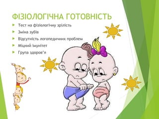 ФІЗІОЛОГІЧНА ГОТОВНІСТЬ
 Тест на фізіологічну зрілість
 Зміна зубів
 Відсутність логопедичних проблем
 Міцний імунітет
 Група здоров’я
 