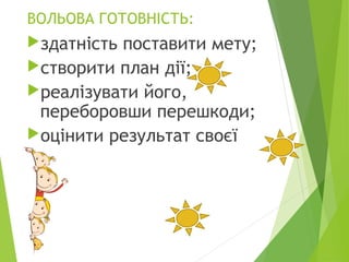 ВОЛЬОВА ГОТОВНІСТЬ:
здатність поставити мету;
створити план дії;
реалізувати його,
переборовши перешкоди;
оцінити результат своєї
дії
 