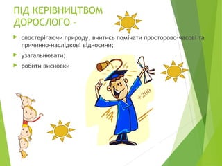 ПІД КЕРІВНИЦТВОМ
ДОРОСЛОГО –
 спостерігаючи природу, вчитись помічати просторово-часові та
причинно-наслідкові відносини;
 узагальнювати;
 робити висновки
 