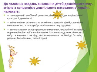 До головних завдань виховання дітей дошкільного віку,
згідно з концепцією дошкільного виховання в Україні,
належать:
 — повноцінний і всебічний розвиток дітей на засадах національної
культури і духовності;
 — забезпечення фізичного та психічного здоров'я дітей, своєчасне
виявлення тих, хто потребує поліпшення стану здоров'я;
 — започаткування основ трудового виховання, екологічної культури,
моральної орієнтації в національних і загальнолюдських цінностях,
набуття життєвого досвіду; виховання поваги і любові до батьків,
родини, Батьківщини, людей праці;
 