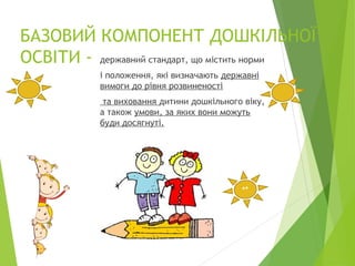 БАЗОВИЙ КОМПОНЕНТ ДОШКІЛЬНОЇ
ОСВІТИ - державний стандарт, що містить норми
і положення, які визначають державні
вимоги до рівня розвиненості
та виховання дитини дошкільного віку,
а також умови, за яких вони можуть
буди досягнуті.
**
 