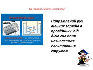 Що називають електричним струмом?
Напрямлений рух
вільних зарядів в
провіднику під
дією сил поля
називається
електричним
струмом
 