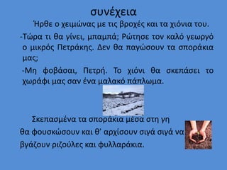 συνέχεια
Ήρθε ο χειμώνας με τις βροχές και τα χιόνια του.
-Τώρα τι θα γίνει, μπαμπά; Ρώτησε τον καλό γεωργό
ο μικρός Πετράκης. Δεν θα παγώσουν τα σποράκια
μας;
-Μη φοβάσαι, Πετρή. Το χιόνι θα σκεπάσει το
χωράφι μας σαν ένα μαλακό πάπλωμα.
Σκεπασμένα τα σποράκια μέσα στη γη
θα φουσκώσουν και θ’ αρχίσουν σιγά σιγά να
βγάζουν ριζούλες και φυλλαράκια.
 