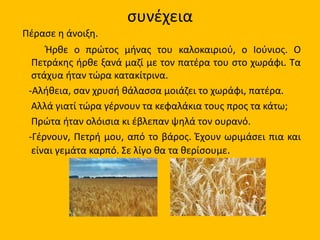 συνέχεια
Πέρασε η άνοιξη.
Ήρθε ο πρώτος μήνας του καλοκαιριού, ο Ιούνιος. Ο
Πετράκης ήρθε ξανά μαζί με τον πατέρα του στο χωράφι. Τα
στάχυα ήταν τώρα κατακίτρινα.
-Αλήθεια, σαν χρυσή θάλασσα μοιάζει το χωράφι, πατέρα.
Αλλά γιατί τώρα γέρνουν τα κεφαλάκια τους προς τα κάτω;
Πρώτα ήταν ολόισια κι έβλεπαν ψηλά τον ουρανό.
-Γέρνουν, Πετρή μου, από το βάρος. Έχουν ωριμάσει πια και
είναι γεμάτα καρπό. Σε λίγο θα τα θερίσουμε.
 