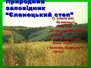 ПрироднийПриродний
заповідникзаповідник
“Єланецький степ”“Єланецький степ”
О, степе мій,О, степе мій,
безмежний ,безмежний ,
неозорийнеозорий
Де ще знайдеш красуДе ще знайдеш красу
таку?таку?
Високе синє небо вВисоке синє небо в
ясних зоряхясних зорях
І далечінь безмежну іІ далечінь безмежну і
п'янку!п'янку!
 