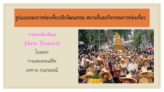 รูปแบบของการท่องเที่ยวเชิงวัฒนธรรม สถานที่และกิจกรรมการท่องเที่ยว
การท่องเที่ยวศิลปะ
(Arts Tourist)
โรงละคร
การแสดงคอนเสิร์ต
เทศกาล งานประเพณี
 