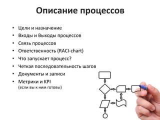 Описание	
  процессов	
  
•  Цели	
  и	
  назначение	
  
•  Входы	
  и	
  Выходы	
  процессов	
  
•  Связь	
  процессов	
  
•  Ответственность	
  (RACI-­‐chart)	
  
•  Что	
  запускает	
  процесс?	
  
•  Четкая	
  последовательность	
  шагов	
  
•  Документы	
  и	
  записи	
  
•  Метрики	
  и	
  KPI	
  	
  
(если	
  вы	
  к	
  ним	
  готовы)	
  
 