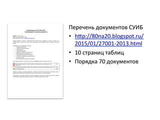 Перечень	
  документов	
  СУИБ	
  
•  h-p://80na20.blogspot.ru/
2015/01/27001-­‐2013.html	
  
•  10	
  страниц	
  таблиц	
  
•  Порядка	
  70	
  документов	
  
	
  
 