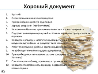 1.  Краткий	
  
2.  С	
  конкретными	
  назначением	
  и	
  целью	
  
3.  Написан	
  под	
  конкретную	
  аудиторию	
  
4.  Хорошо	
  оформлен	
  (удобно	
  читать)	
  
5.  Не	
  важные	
  и	
  большие	
  приложения	
  вынесены	
  в	
  конец	
  документа	
  
6.  Содержит	
  минимум	
  сокращений	
  и	
  сложных	
  терминов,	
  присутствует	
  их	
  
перечень	
  
7.  Определен	
  владелец	
  (ответственный)	
  и	
  регулярно	
  пересматривается	
  и	
  
актуализируется	
  (если	
  не	
  документ	
  типа	
  «запись»)	
  	
  
8.  Имеет	
  минимум	
  конкретных	
  ссылок	
  на	
  другие	
  документы	
  
9.  Не	
  дублирует	
  положения	
  других	
  документов	
  
10.  При	
  необходимости	
  содержит	
  резюме	
  для	
  руководства	
  (Execu—ve	
  
Summery)	
  	
  
11.  Соответствует	
  шаблону,	
  принятому	
  в	
  организации	
  
12.  Определяет	
  возможность	
  для	
  связи	
  с	
  автором	
  для	
  вопросов	
  и	
  
комментариев	
  
Хороший	
  документ	
  
#5	
  
 