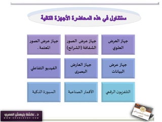 ‫ر‬‫الصو‬ ‫عرض‬‫جهاز‬
‫الشفافة‬(‫الشرائ‬‫ح‬)
‫ر‬‫الصو‬‫عرض‬‫جهاز‬
‫املعتمة‬.
‫العرض‬‫جهاز‬
‫ي‬‫العلو‬
‫التفاعل‬‫الفيديو‬‫ي‬
‫ض‬‫ر‬‫العا‬‫جهاز‬
‫ى‬‫البصر‬
‫عرض‬‫جهاز‬
‫البيانات‬
‫الذكية‬ ‫ة‬‫ر‬‫السبو‬ ‫الصناعية‬ ‫األقمار‬ ‫الرقمي‬ ‫ن‬‫التلفزيو‬
 