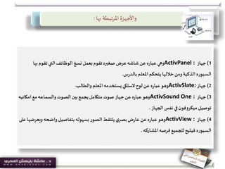 ‫بها‬ ‫املرتبطة‬‫واألجهزة‬:
1)‫جهاز‬ActivPanel :‫بها‬ ‫تقوم‬‫التي‬‫الوظائف‬‫نسخ‬‫بعمل‬ ‫تقوم‬‫صغيره‬‫عرض‬‫شاشه‬‫عن‬ ‫ه‬‫ر‬‫عبا‬‫وهي‬
‫ه‬‫ر‬‫السبو‬‫س‬‫ر‬‫بالد‬ ‫املعلم‬‫يتحكم‬ ‫خاللها‬‫ومن‬‫الذكية‬.
2)‫جهاز‬ActivSlate:‫والطالب‬ ‫املعلم‬‫يستخدمه‬‫السلكي‬‫لوح‬‫عن‬‫ه‬‫ر‬‫عبا‬‫وهو‬.
3)‫جهاز‬ActivSound One :‫الصوت‬‫بين‬ ‫يجمع‬‫متكامل‬‫صوت‬ ‫جهاز‬‫عن‬ ‫ه‬‫ر‬‫عبا‬‫وهو‬‫والسماعه‬‫امكاني‬‫مع‬‫ه‬
‫الجهاز‬‫نفس‬ ‫في‬‫ن‬‫فو‬‫و‬‫ميكر‬‫توصيل‬.
4)‫جهاز‬ActivView :‫ويعرض‬‫واضحه‬‫بتفاصيل‬‫بسهوله‬‫ر‬‫الصو‬ ‫يلتقط‬ ‫ي‬‫بصر‬‫ض‬‫ر‬‫عا‬‫عن‬‫ه‬‫ر‬‫عبا‬‫وهو‬‫على‬‫ها‬
‫ه‬‫ر‬‫السبو‬‫فرصه‬ ‫للجميع‬‫فيتيح‬‫املشاركه‬.
 
