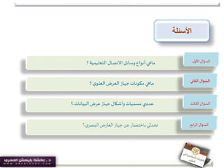 ‫األسئلة‬
‫؟‬ ‫ي‬‫العلو‬‫العرض‬ ‫جهاز‬‫مكونات‬‫ماهي‬
‫البيانات‬ ‫عرض‬ ‫جهاز‬‫وأشكال‬ ‫مسميات‬ ‫عددي‬.‫؟‬
‫؟‬ ‫التعليمية‬ ‫االتصال‬‫وسائل‬‫أنواع‬‫ماهي‬
‫الثاني‬‫السؤال‬
‫ل‬‫األو‬ ‫السؤال‬
‫الثالث‬ ‫السؤال‬
‫؟‬‫ي‬‫البصر‬‫ض‬‫ر‬‫العا‬‫جهاز‬‫عن‬‫باختصار‬‫تحدثي‬ ‫ابع‬‫ر‬‫ال‬ ‫السؤال‬
 