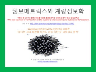 박한우 편 (2014). 웹보네이버를 이용한 웹보메트릭스 네트워크 분석 •경산: 영남대학교
* This slide was made by Han Woo Park and his students to help researchers and students use the WeboNaver.
관련 링크: http://www.slideshare.net/hanpark/webo-naver2012-0902
 영남대학교 언론정보학과 21210648 박윤정
yoonjjungpark@gmail.com
 