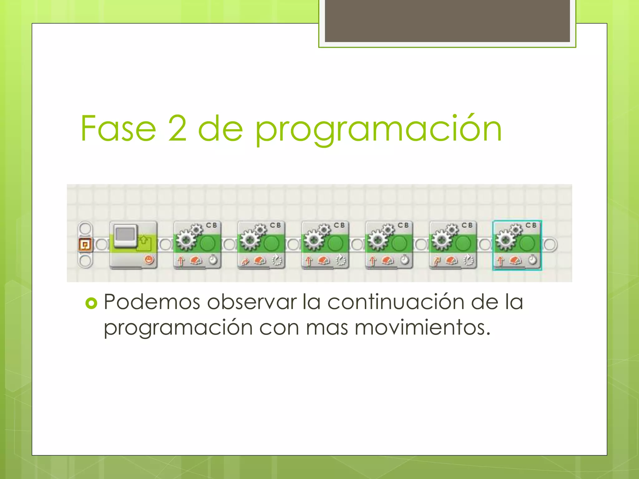 Fase 2 de programación
 Podemos observar la continuación de la
programación con mas movimientos.
 